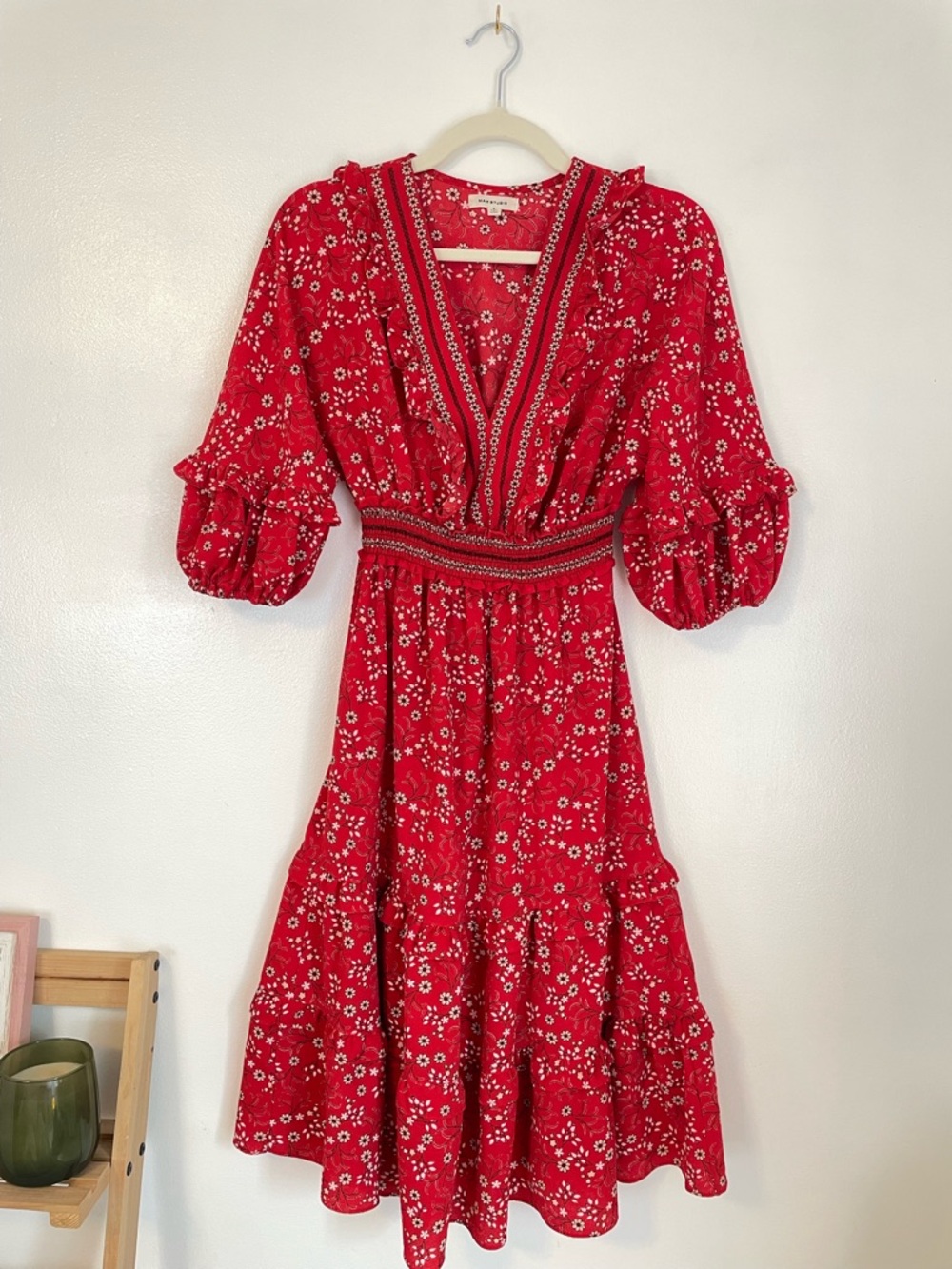 MAX STUDIO Red floral midi dress with quarter length puff sleeves size small